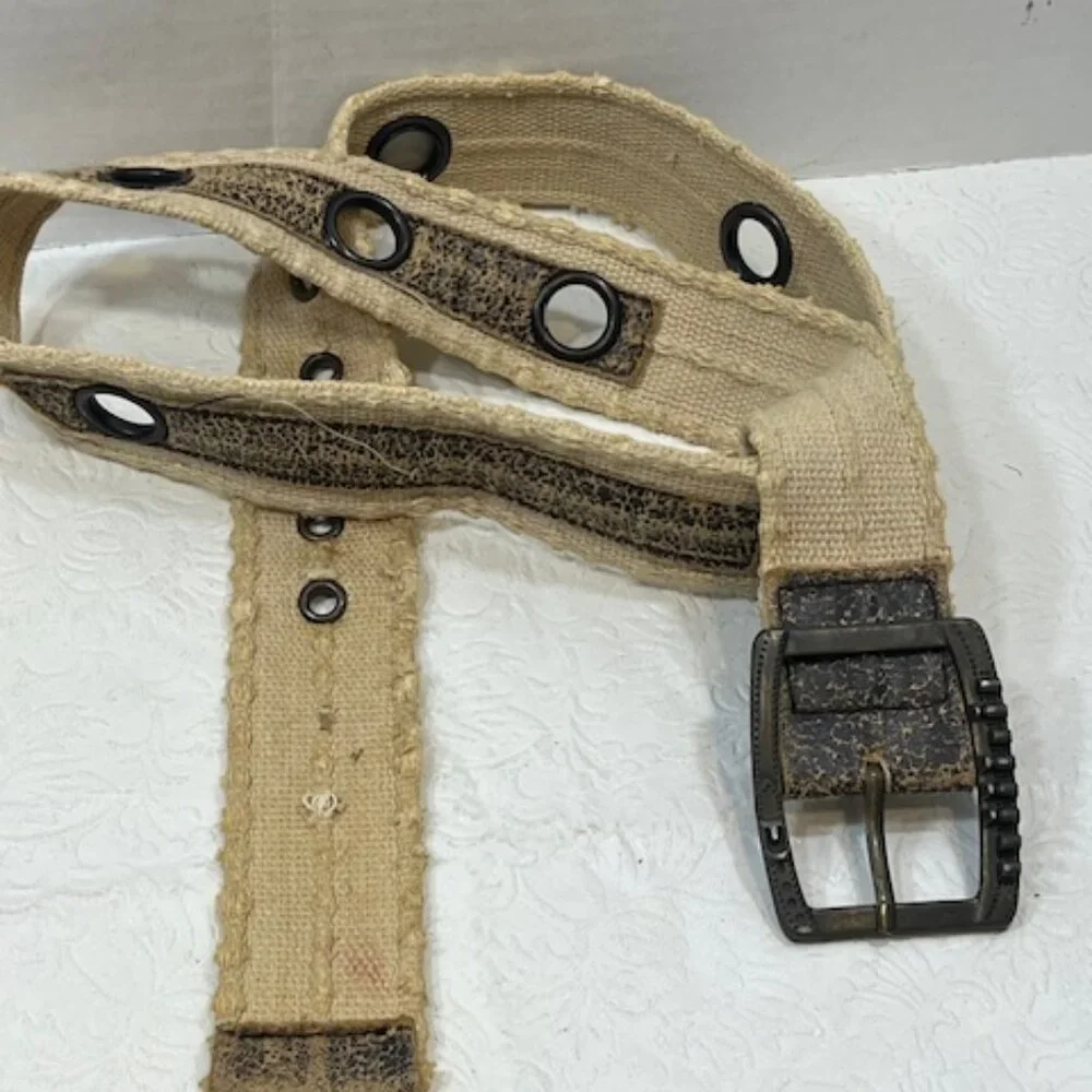 Beige Distressed Canvas Faux Leather Accents Metal Grommet Holes Belt 37